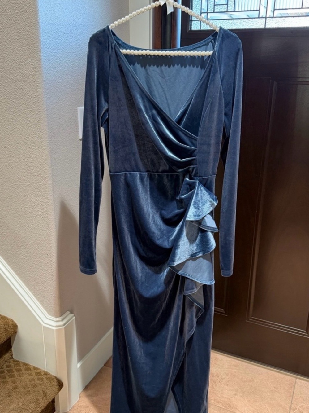 Navy Velvet Long-Sleeve Wrap Dress with Ruffle Detail